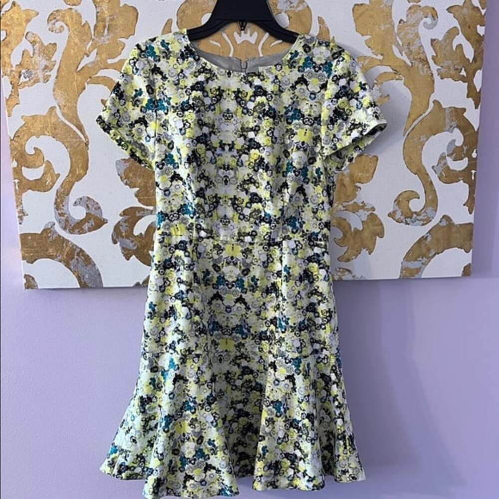 J. Crew‎ Size 4 Gray Yellow and Green Floral Short Sleeve Flare Dress